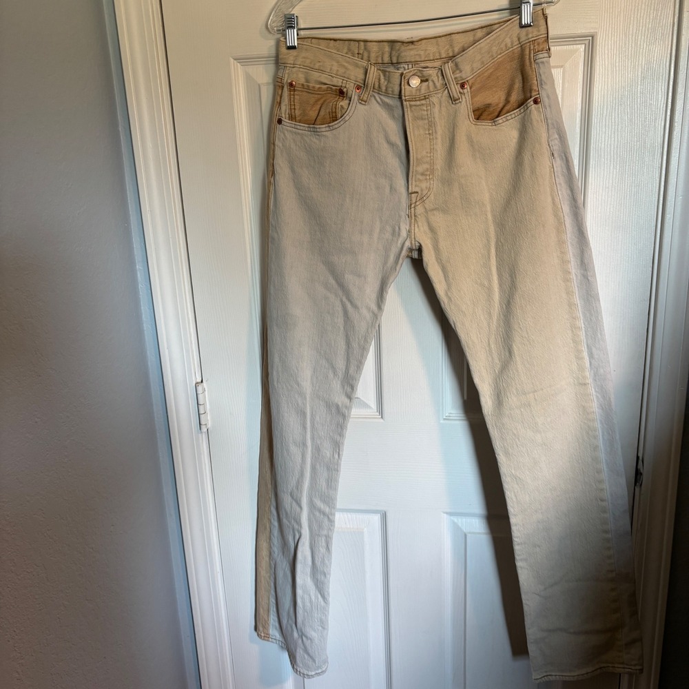 Levis 501 Men's Original Fit Two Tone Colorblock Jeans Tan Light Wash 33x34 - Picture 2 of 15